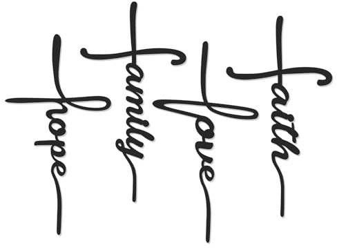 Bnesi Metall-Wandkunst-Schild, 4-teiliges Set: Liebe, Glaube, Familie, Hoffnung, 38,1 x 20,3 cm, wasserdicht, religiöse und spirituelle hängende Kreuz-Wanddekoration für Heimdekoration