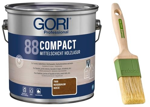 GORI 88 Premium Holzschutz Lasur 2,50 Liter, für außen + Profi Pinsel Lasur Plus 50 mm (Nussbaum)
