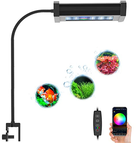 Lominie Aquarium Lampe, 10W Mini Aquarium LED Beleuchtung, 4-Kanal WiFi und Line Controller Dimmbares Fischlicht mit verstellbarem Schwanenhals, Meerwasserpflanze Nano Kleinfischbecken(BA10-F)