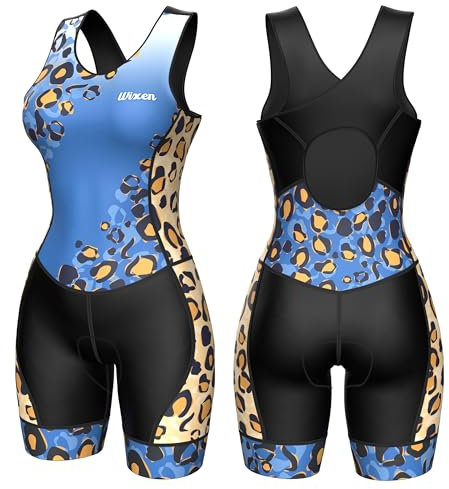 Wixen Race-Rückenanzug, Triathlon-Anzug für Damen, Einteiler, Tri-Anzug, Rennanzug, ärmellos, Schwimmen, Fahrrad, Laufen, Tri-Anzug, Damen, Blauer Leopard, S
