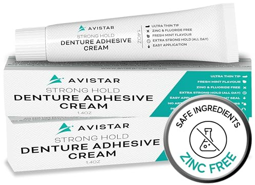 Extra Strong Denture Adhesive Cream, 12 Hour Hold Dental Glue, Waterproof, Zinc & Fluoride Free, Easy Apply Nozzle, Seals Food Out for Comfort, Mint Flavor (2 Pack, 2.8 Fl Oz)