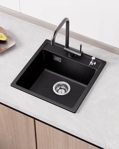 ANYCEE Spülbecken 45x46 cm, 1 Becken Einbauspüle, 80% Quarzsand Waschbecken Küche inkl Siphon, Granitspüle Schwarz für Unterschränke ab 45 cm Breite