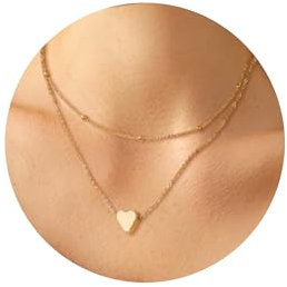 Ketten Gold Halskette für Damen, 14K Echte Vergoldet Sterling Silber 925 Stapelbare Doppel Layering Ketten Gold Halsketten mit Herz Anhänger Multi Layered Boho Ketten Golden Schmuck für Damen Frauen