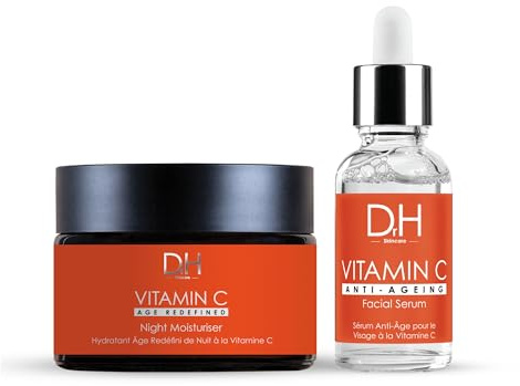 Dr H Anti-Aging Vitamin C Facial Serum & Night Moisturiser Skincare Kit - 30ml Facial Serum & 60ml Night Cream for Radiant Skin, Firmness, and Moisture