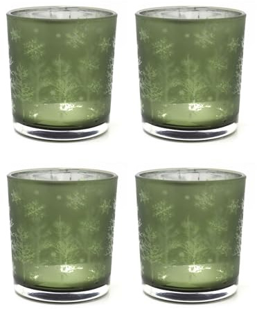 Carousel Home Pack of 4 Frosted Tree Green Glass Christmas Tealight Holders | Silhouette Frosted Glass Christmas Candle Holders | Xmas Tea light Votive Pots Candle Gifts - 8cm