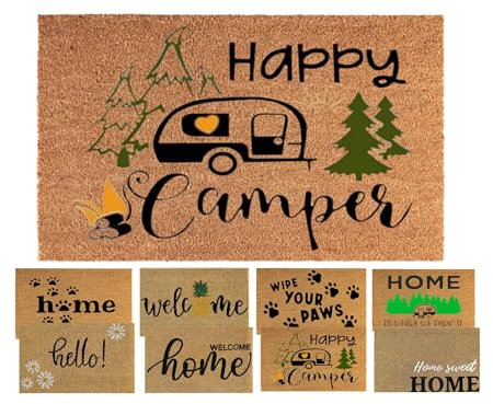 MYPURECORE Coir Door Mat (60x40cm) - Non-Slip & Absorbent, Indoor/Outdoor, Eco-Friendly - Ideal as Front Door, Entrance, Floor, Welcome Mat - Large Size, Dirt Trapper, Washable (HAPPY CAMPER)