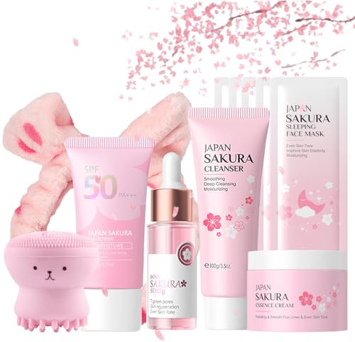 Japan Sakura Skincare Set für Teenager-Mädchen, Sakura Hautpflege Set Geschenkset Frauen, Gesichtspflege Beauty Set, Skin Care Geschenke Set - Cleanser Serum Creme Sunscreen Haarbänder Bürste Maske