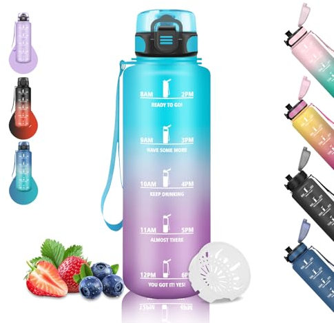Gourde- 1.5L- Gourde Sport, Anti-Fuite, Gourde Graduée pour Running, Gourde Motivation avec Marqueur de Temps, Bouteille Horaire pour adulte, Facile à Nettoyer, pour Cámping, Yoga, Voyage, Bleu-Violet