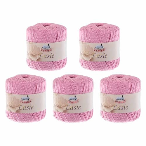 5 Knäuel Häkelgarn Lasie je 150m/50g mit Glitzer Sommergarn Strickgarn Glitzerwolle 15 Farben, Farbe:rosa