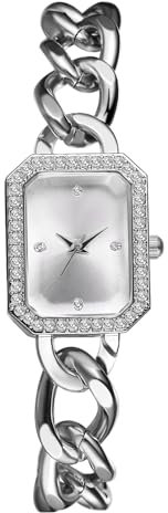 JewelryWe Damenuhr Klein Rechteckige Uhr: Glitzer Strass Analog Quarz Armbanduhr Damen Silber Edelstahl Kettenarmband Ultradünne Diamantuhr mit Eckigem Zifferblatt & Diamantlünette