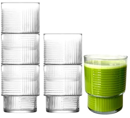 vienberg 6 Stück Gläser Set | 325 ml Matcha-Gläser | Rippen-Glas mit geometrischem Muster | Glas für Matcha Smooties Wasser Softdrink, Trinkgläser, STAPELBAR