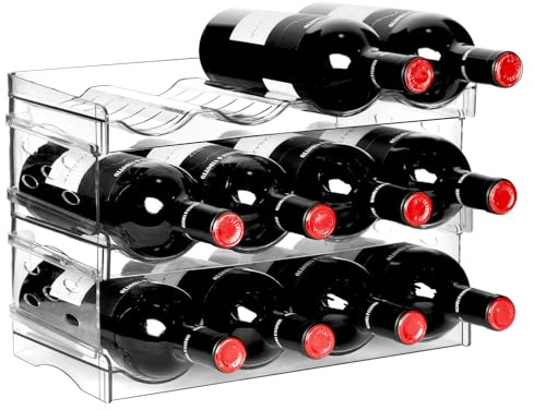 BoxedHome Wine Rack, Stackable Water Bottle Organiser, Plastic Bottle Holder, Cupboard Organiser, Storage for Freezer, Cabinet, Pantry (3 Tier 12 Bottles)