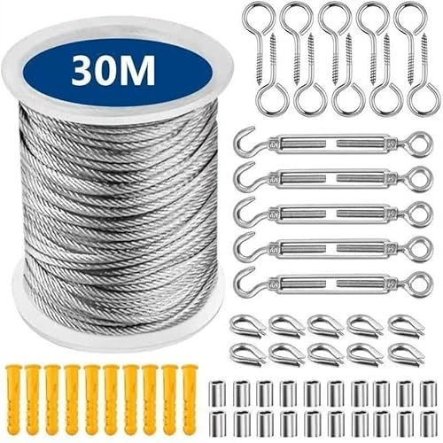 Drahtseil 1 Set Multifunktionale Drähte Seil Hängen Kit Edelstahl Kabel Draht Zelt Schnur Hängen Wäscheleine Seil for Trocknen von Kleidung FüR Kletterpflanzen, Gardinen, Dekoration(Type1 30M)