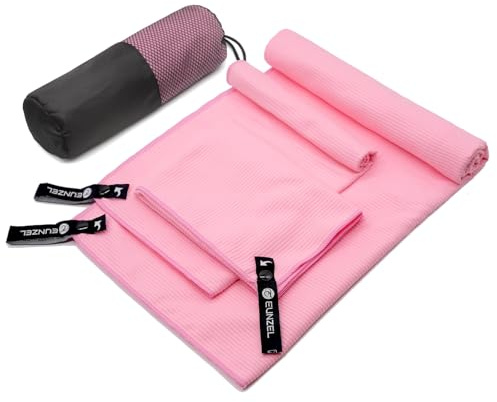 Eunzel Quick Dry Camping Towel, Microfibre Ribbed Towel Travel Towel 3 Sizes 1 Pack Fast Drying Towel Set for Camping, Beach, Gym, Sports, Yoga & Swimming Pool, Pink