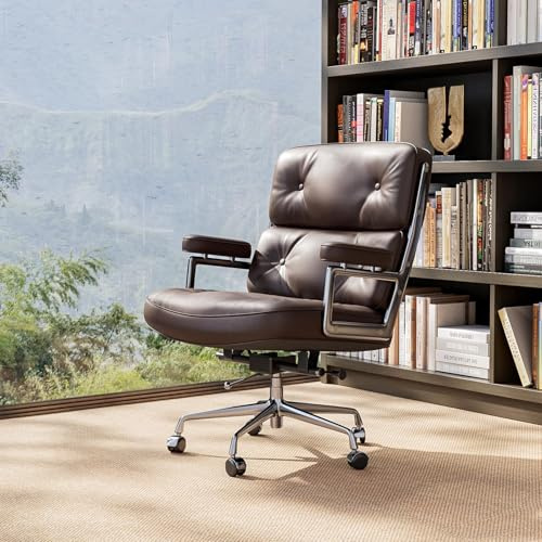 Redriver Genuine Leather Office Chair, Padded Mid Back Home Office Desk Chair with Thickened Lumbar Support Cushion, Aluminum Alloy Frame, 360° Swivel, High-Adjustable, Tilting and Rocking Function