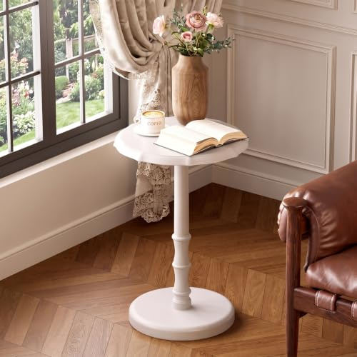 NKGIAG Beistelltisch Vintage Massivholz, Beistelltisch Rund Schmal Holz, Kleiner Wohnzimmertisch, Getränketisch, Couchtisch, Sofatisch, Nachttisch für Wohnzimmer, Schlafzimmer und Büro (Weiß)