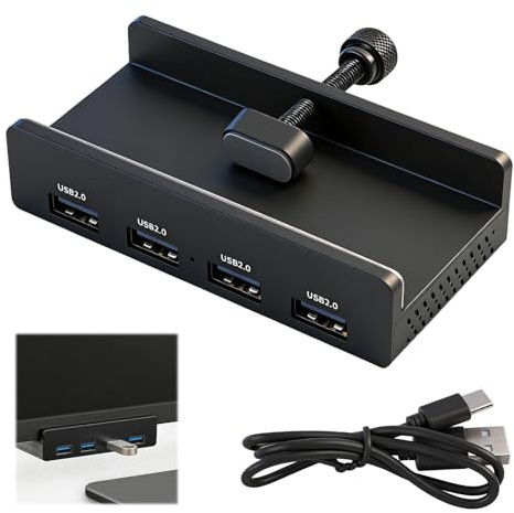 USB Hub Clip-Typ, 4 Port USB 2.0 mit Klemme, USB Verteiler für Monitor und Schreibtisch, Aluminium Datenhub 480mbit/s mit 150 cm Kabel, Plug & Play USB Hub ohne Netzteil