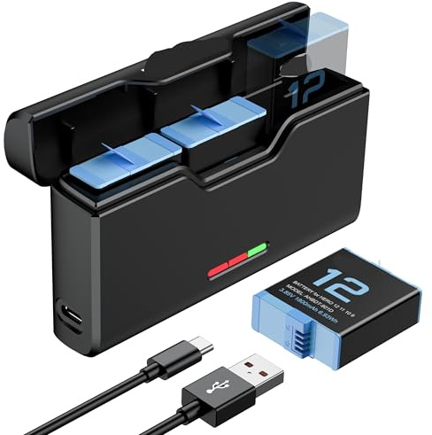 ENEGON Set di batterie per Hero 12, 11, 10, 9-3 batterie da 1800 mAh e caricatore USB LCD a 3 canali, completamente compatibile (3 batterie + 1 caricatore