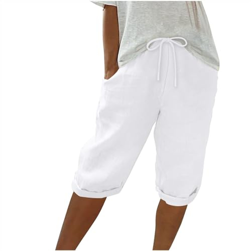 Cotton Linen Shorts for Women UK Summer Knee Length Beach Bermuda Shorts Plus Size Ladies Loose Casual Drawstring Capri Pants Comfy Lounge Cropped Trousers with Pockets Bottoms S-3XL