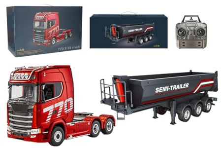 ENGINEMECH 770S - Trattore radiocomandato, scala 1:18, con rimorchio RC, 19 canali, effetti sonori, telecomando, regalo per adulti, 16+