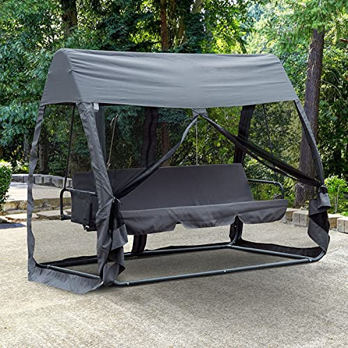 Outsunny Balancín de Jardín de 3 Plazas Convertible en Cama Columpio Jardín Exterior con Mosquitera Estructura de Metal Carga 300 kg 240x140x197 cm Gris