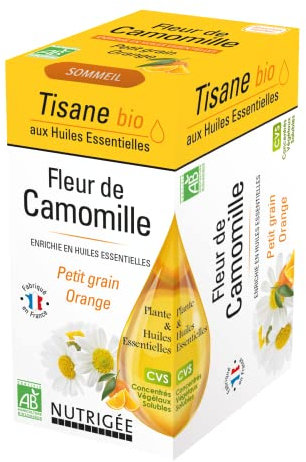 NUTRIGÈE - Tisane Fleur De Camomille Bio - Soulage L’Agitation Nerveuse & Les Troubles Mineurs Du Sommeil - Concentrés Végétaux Solubles - Huile Essentielle De Petit Grain & D'Oranges - 20 Sachets