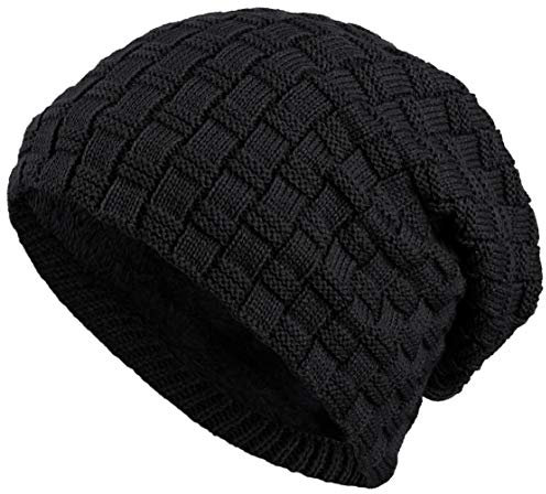 warm gefütterte Beanie mit Teddy-Fleece Fütterung Wintermütze mit Flechtmuster Einheitsgröße für Damen & Herren Mütze (3A) (Schwarz)
