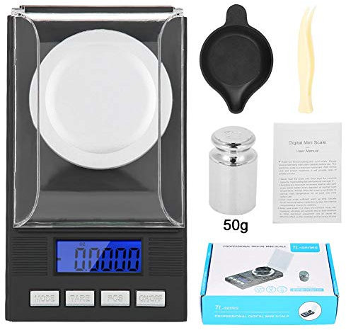Feinwaage 0.001g, Tragbare Juwelierwaage, Digitale Schmuckwaage Taschenwaage mit Kalibriergewichte und Pinzetten für Labor, Küche und Juweliergeschäft, 15,5 × 8 × 2 cm(50g)