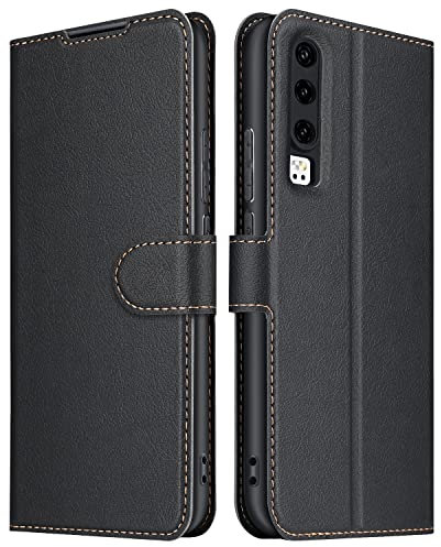 ELESNOW Case Compatible with Huawei P30, High-grade Leather Flip Wallet Phone Case Cover for Huawei P30 (Black)