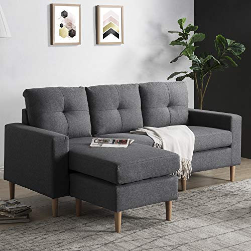 Leisure Zone Fabric Corner Sofa Couch L Shape Sofa Settee, 3 Seater Sofa with Lounge Ottoman, Left & Right Hand Side for Living Room Furniture (Grey Sofa with Footstool)