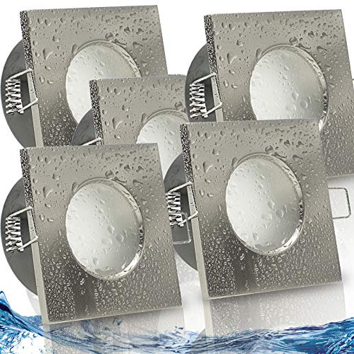 trendlights24 Aqua Base IP65 LED Bad Einbaustrahler 230V Edelstahl eckig dimmbar, 5er Set Spots 5W Kaltweiß flach 50 mm, Deckenleuchten ohne Trafo