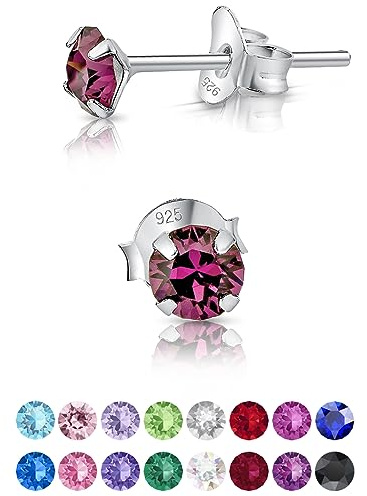 DTPsilver - * MINI * Boucles d'oreilles/Clous en Argent Fin 925 et Cristaux de Swarovski® Elements Ronds - Diamètre: 4 mm - Couleur: Améthyste