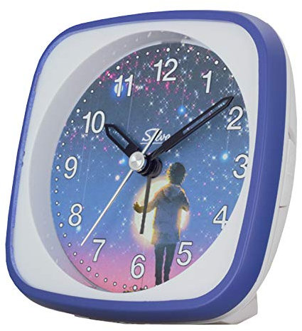 SELVA Kinderwecker Sternenhimmel mit Motiven. Schleichende Sekunde lautlos, analog, für Kinder, buntes Zifferblatt mit Licht/Weckwiederholung. Maße: 95 x 95 x 45 mm (Mond)