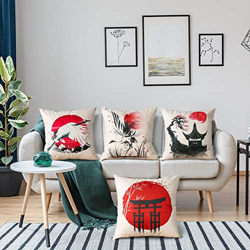 Artscope 4er-Set Dekorativ Kissenbezug 45 x 45 cm, Polyester Leinen Kissenbezüge Dekokissen Kissenhülle Set Kissen Fall für Sofa Auto Schlafzimmer Zuhause Dekor (Japanischer Stil A)