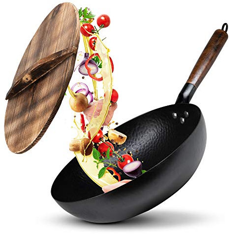 Leafheat Wokpfanne + Abdeckung für jeden Herd (32 cm groß) handgehämmerte Wok Pfanne aus Karbonstahl mit Holzgriff inkl. Holzdeckel zum Gären