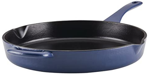 Ayesha Curry Kitchenware Enameled Cast Iron Skillet/Frying Pan with Helper Handle and Pour Spouts, 12 Inch - Anchor Blue