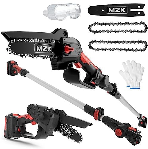 MZK 2-in-1 Cordless Pole Saw & Mini Chainsaw with 3 Replacement Chains, 20V Battery Electric Chainsaw, 11.4cm Cutting Capacity, 4m Reach Pole Saw for Tree Trimming (2 Batteries, Fast Charger Included)