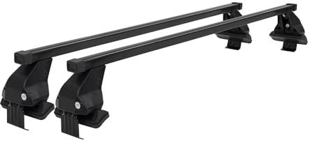 Menabo Barre portapacchi compatibili con Renault Clio mk5 2019-2025, in acciaio, 50 kg, nero, 2 pezzi, senza barre per portabici, box da tetto, portasci con serratura