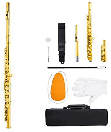16-Löcher C Schlüsselfarbene Flöte Cupronickel Silber Überzogenes Rohr Mit Handschuhen Tragetasche Querflöte (Color : Gold)