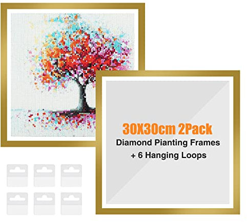 RICUVED 2 Packungen Diamant Painting Rahmen, Diamond Painting Bilderrahmen 30x30 cm Gold, 5D Diamond Painting Rahmen Picture for Diamant Malerei 30x30 cm Diamond Painting Frame mit Haken(Gold)