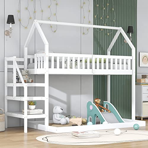 Moimhear Litera, Cama-casa con Escalera, Cama Infantil con protección anticaídas y barrotes, Estructura de Pino (Blanco, 90x200cm+140x190cm)