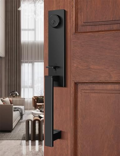 Tinewa Full Escutcheon HandleSet Front Door Entry Handle and Deadbolt Lock Set Slim Square Single Cylinder Deadbolt and Lever Heavy Duty – Matte Black Finish