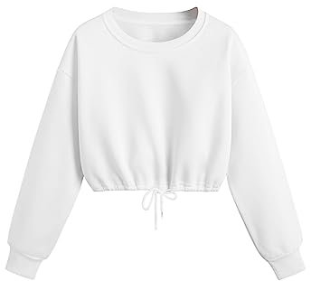 GORGLITTER Damen Crop Pulli Bauchfrei Sweatshirt Langarm Kurz Oberteile Langarmshirt Cropped Pullover mit Schnürzug Weiß M