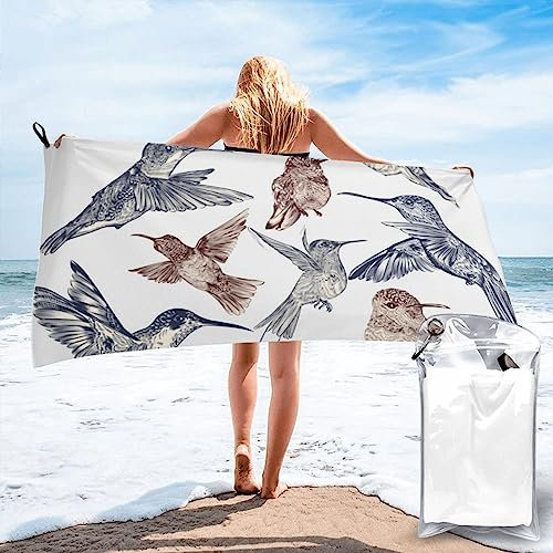 DEHIWI Handgezeichnete Vögel, schnell trocknend, Strandtuch, Mikrofaser, saugfähig, sanddicht, Badetuch für Reisen, Camping, Yoga, Sport, 60 x 140 cm