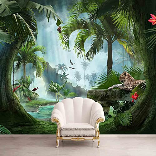 Papier Peint Panoramique Jungle Léopard Papier Peint Intissé 3D Tapisserie Poster Decoration Murale Chambre Salon