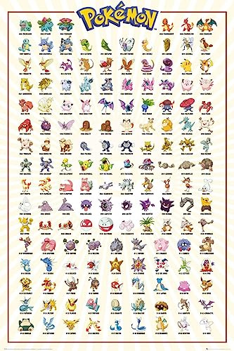 ARTLaminated Pokemon Kanto 151 Maxi-Poster, großer Wandkunstdruck, Wanddekoration, Heimbüro, Klassenzimmer, Dekoration, Geschenkidee, dekorativer Druck 91,5 x 61 cm