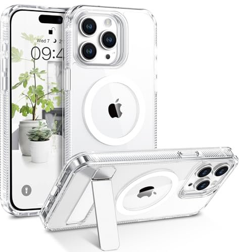 GUAGUA for iPhone 15 Pro Magsafe Case, iPhone 15 Pro Phone Case with Metal Kickstand, Slim Lightweight Anti-Yellowing Shockproof Protective Transparent Case for iPhone 15 Pro 6.1, Clear