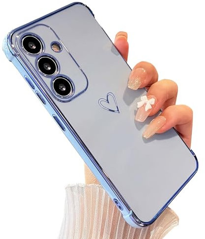 Knoowcase for Samsung Galaxy A15 Case Samsung A15 Phone Case for Girls Women Shockproof Flexible Silicone Bumper Lens Protection Luxury Plated Gold Heart Slim Anti Scratch Phone Cover, Blue