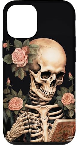 Skelett mit einem Buch in seinen Armen Blumen Grafik Hülle für iPhone 15 Pro