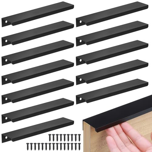 JIZZU 12 Pack Concealed Kitchen Door Handles, Black Cabinet Handles, Hole Center Hidden Drawer Pulls with 24 Screws for Bedroom Kitchen Wardrobe